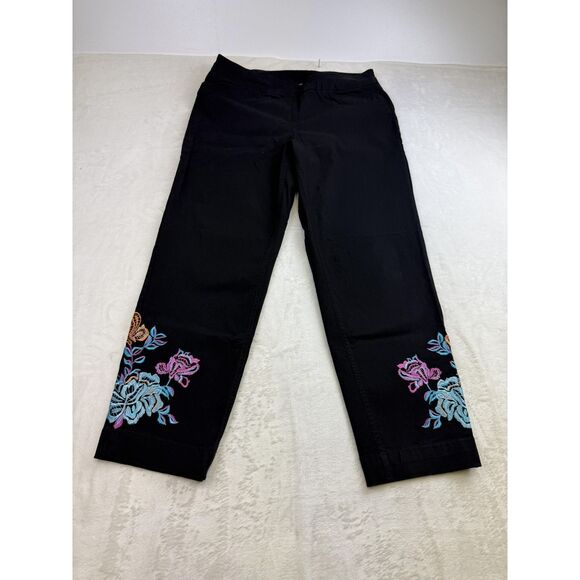 Slim-sation Pants Womens 12 Black Embroidered Floral Stretch Pull On Cropped - Picture 1 of 11